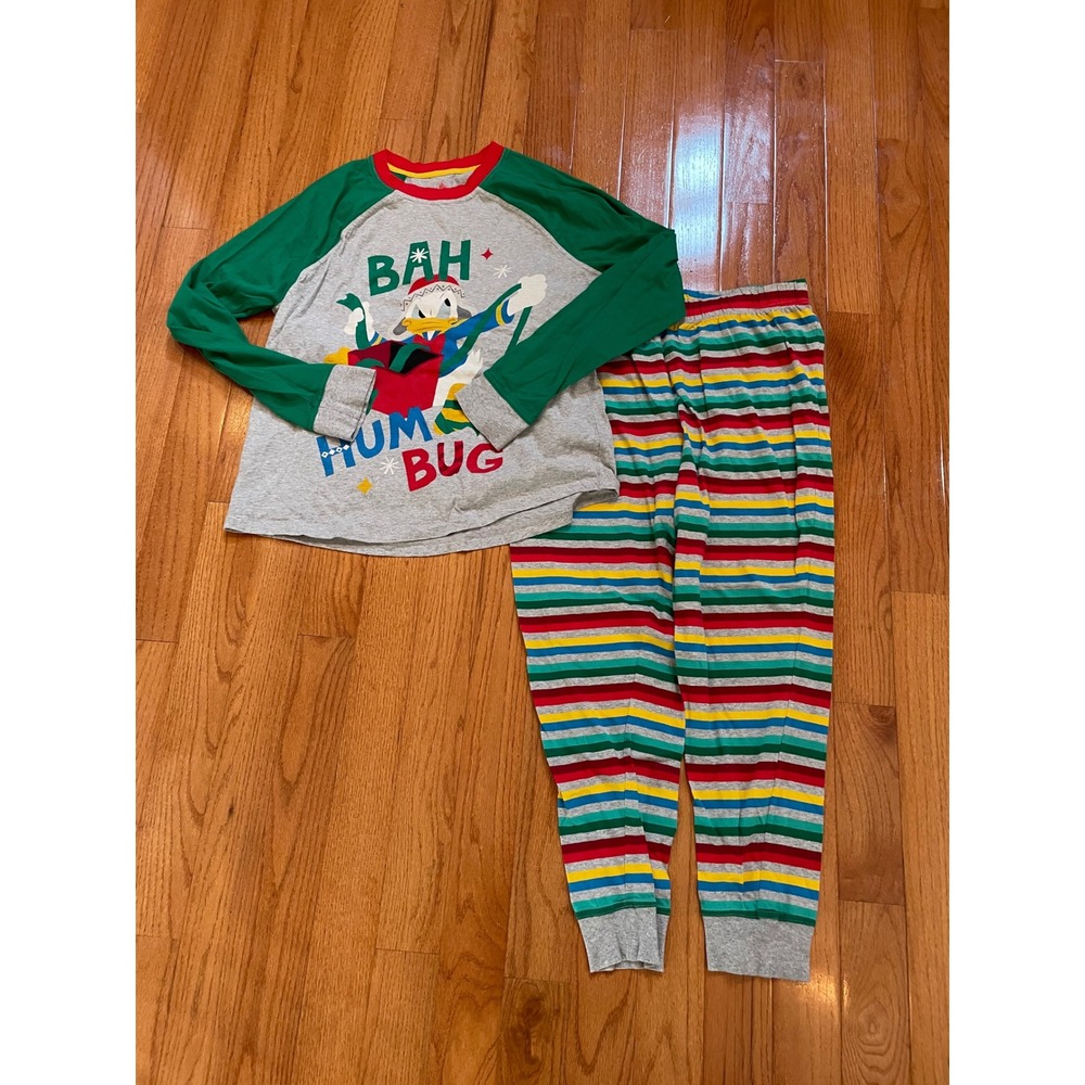 Disney Donald Duck Bah Humbug Pajama‎ Set Men's Large Green Sleeve Striped Pants